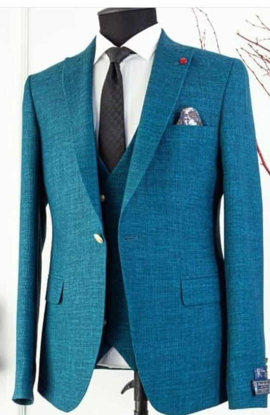 Bespoke 3 Piece Suits Teal With Pointed Wide Lapel