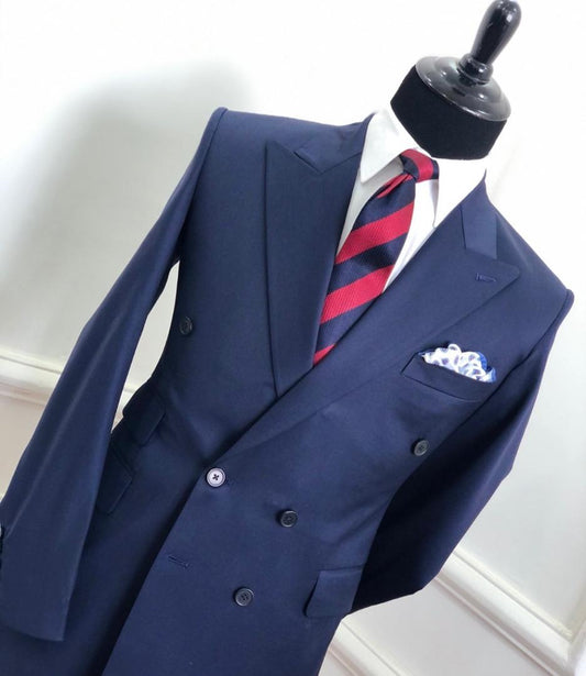 Bespoke Double Breasted Suits Blue With Pointed Wide Lapel